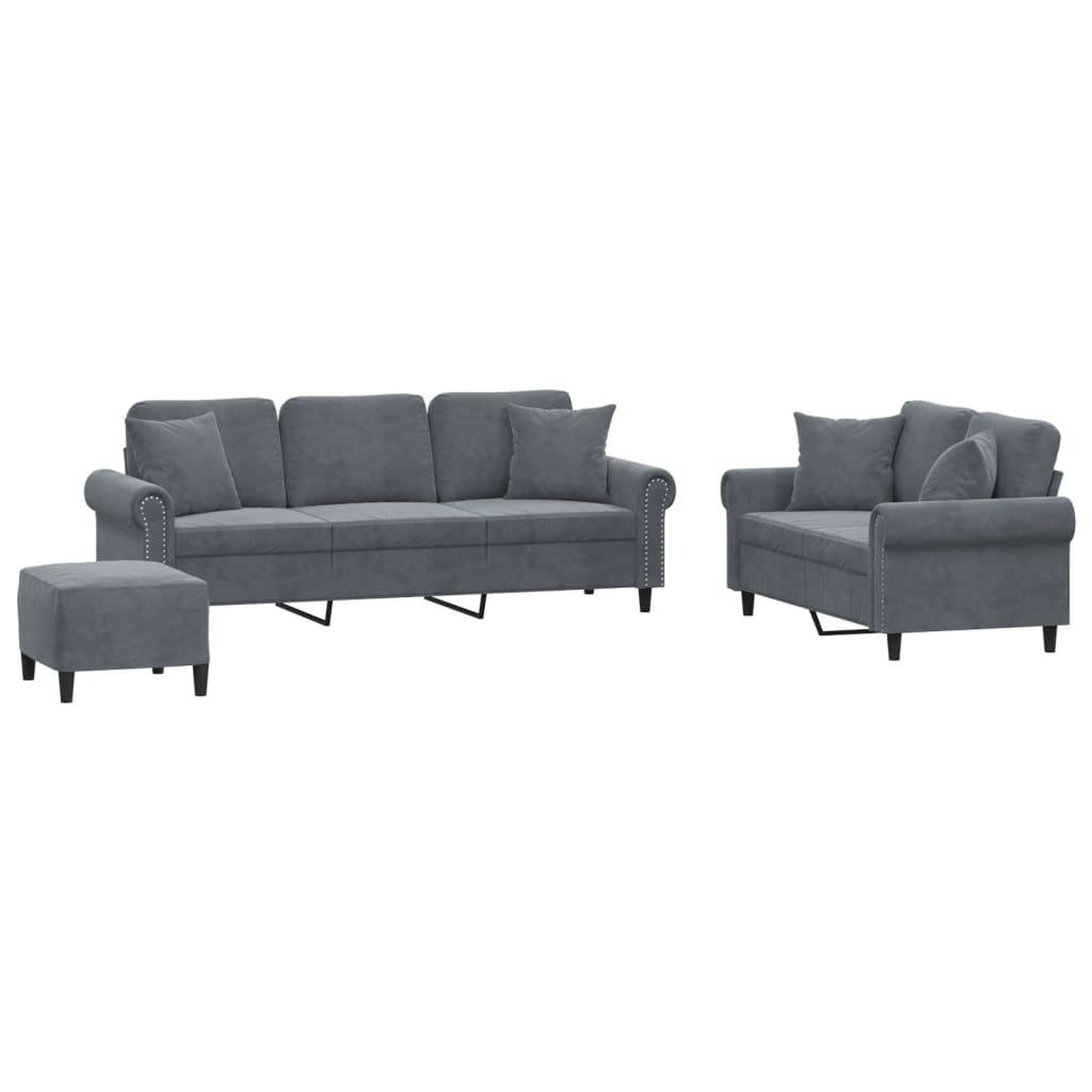 3-delige Loungeset met kussens fluweel donkergrijs