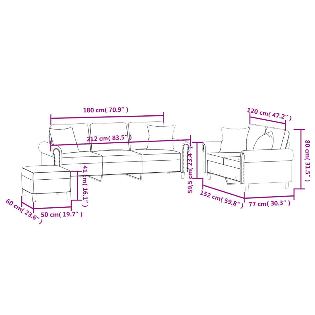 3-delige Loungeset met kussens fluweel donkergrijs