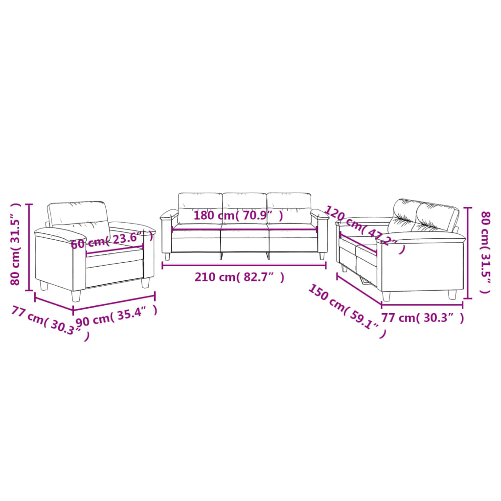 3-delige Loungeset met kussens microvezelstof donkergrijs