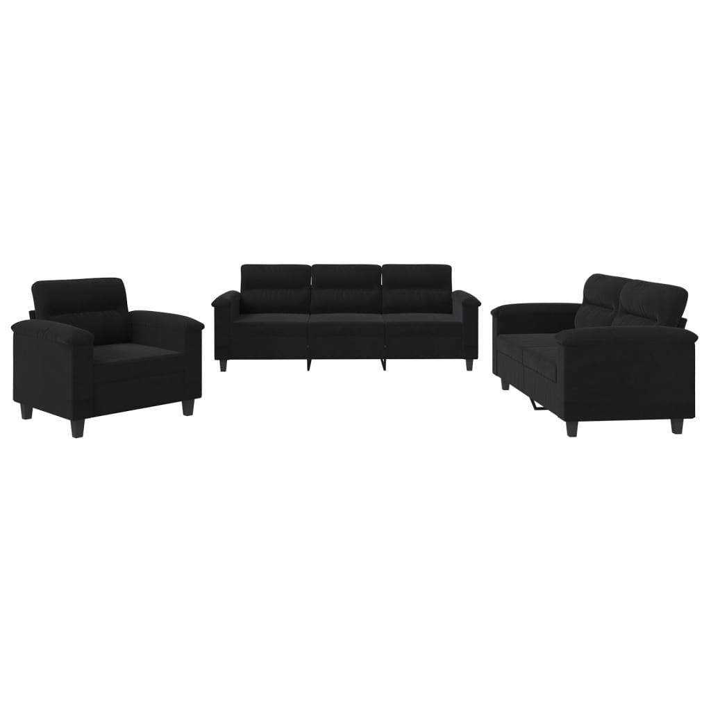 3-delige Loungeset met kussens microvezelstof zwart