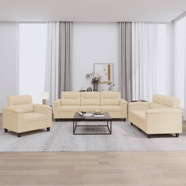 3-delige Loungeset met kussens microvezelstof crèmekleurig