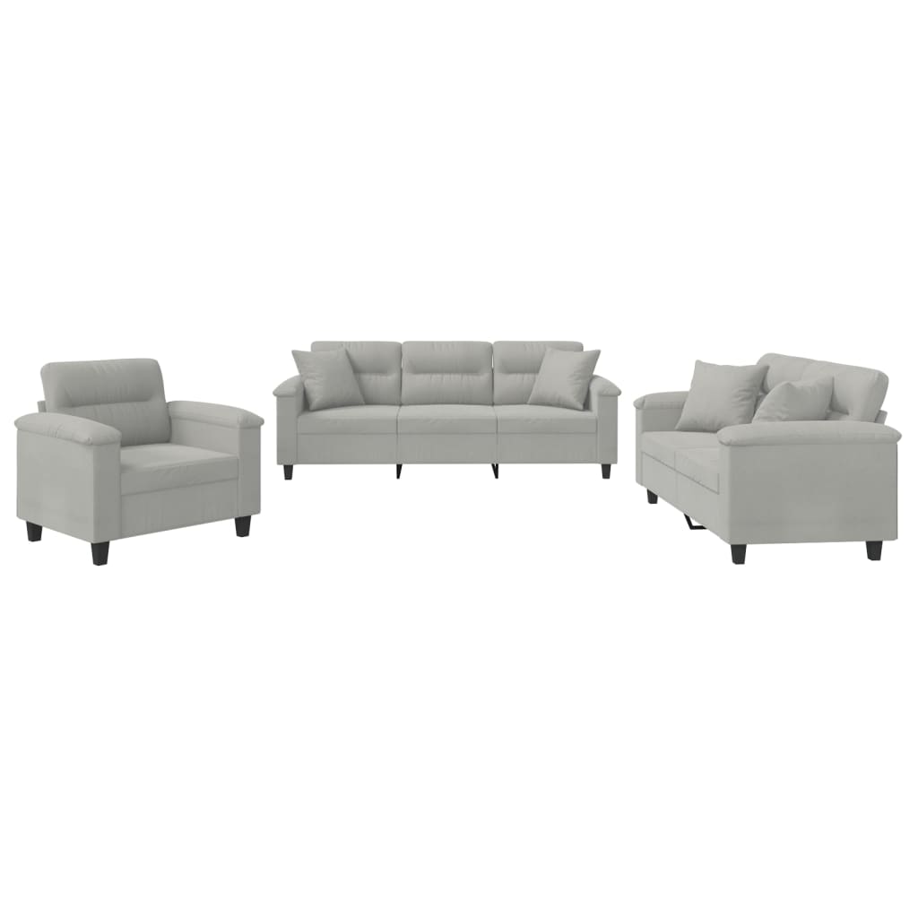 3-delige Loungeset met kussens microvezelstof lichtgrijs