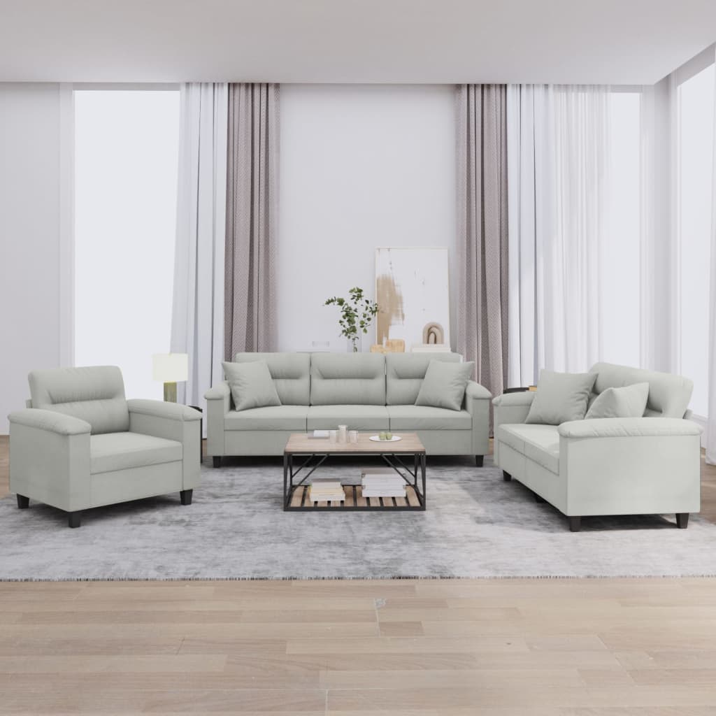 3-delige Loungeset met kussens microvezelstof lichtgrijs