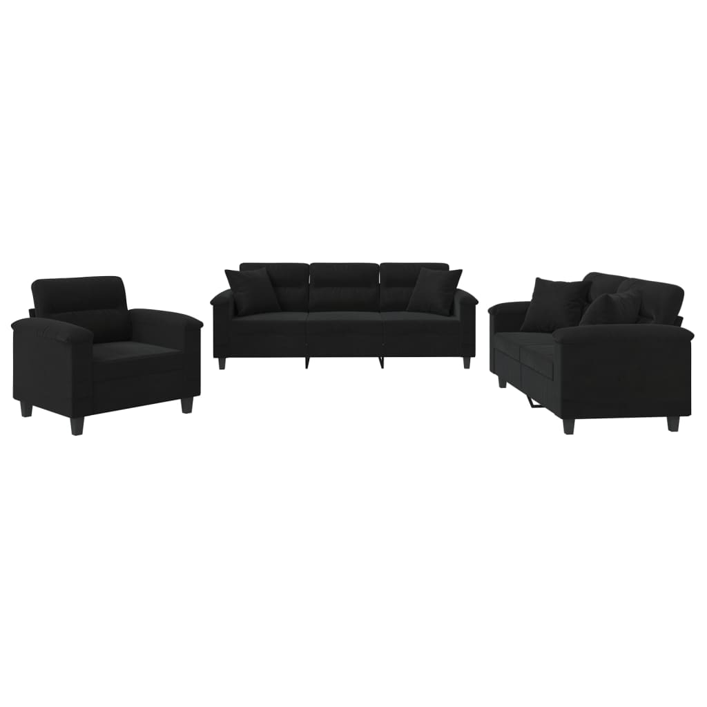 3-delige Loungeset met kussens microvezelstof zwart