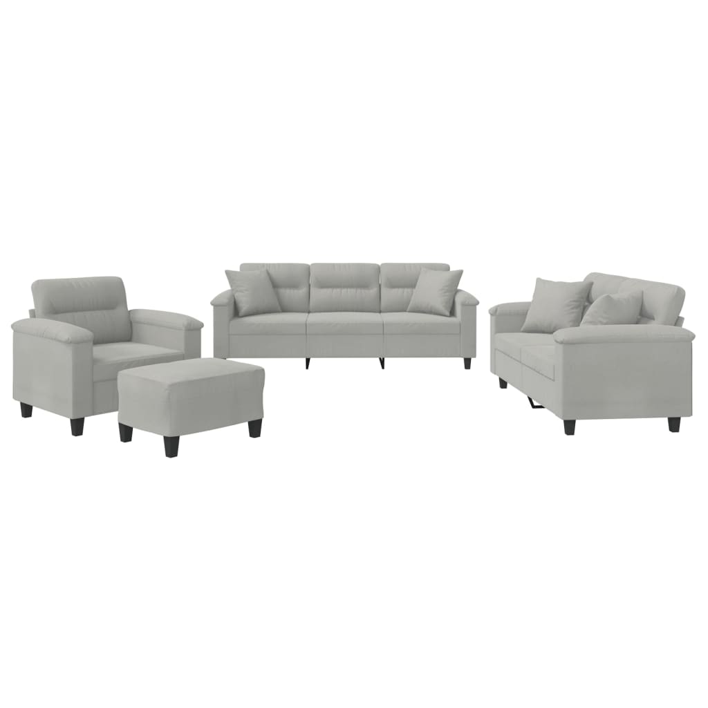 4-delige Loungeset met kussens microvezelstof lichtgrijs