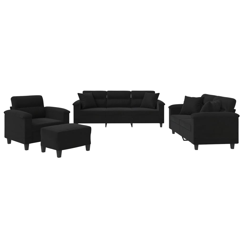 4-delige Loungeset met kussens microvezelstof zwart