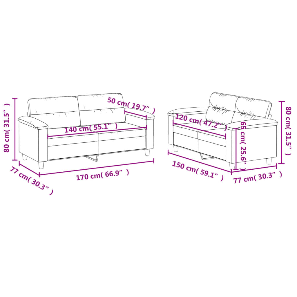 2-delige Loungeset met kussens microvezelstof zwart