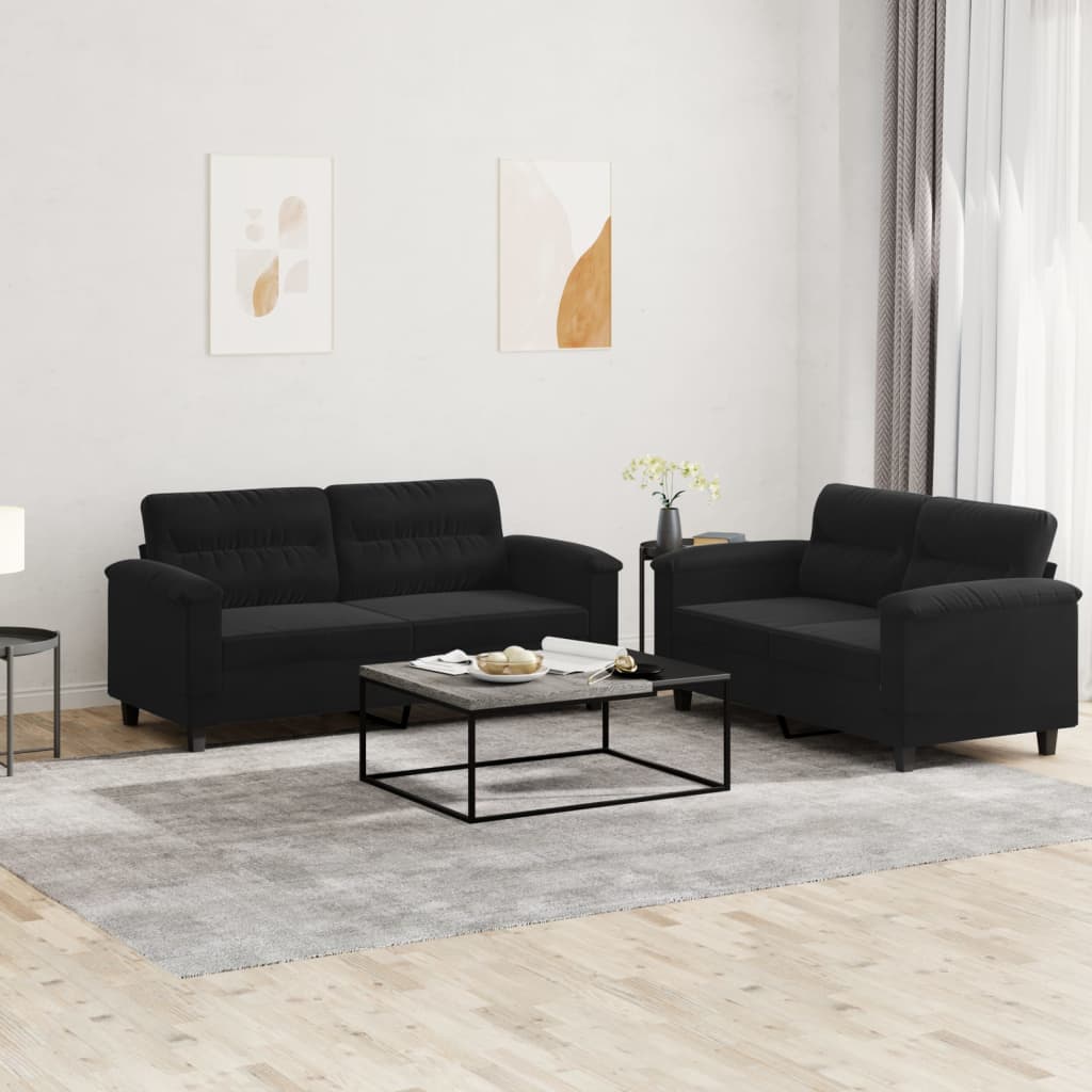 2-delige Loungeset met kussens microvezelstof zwart