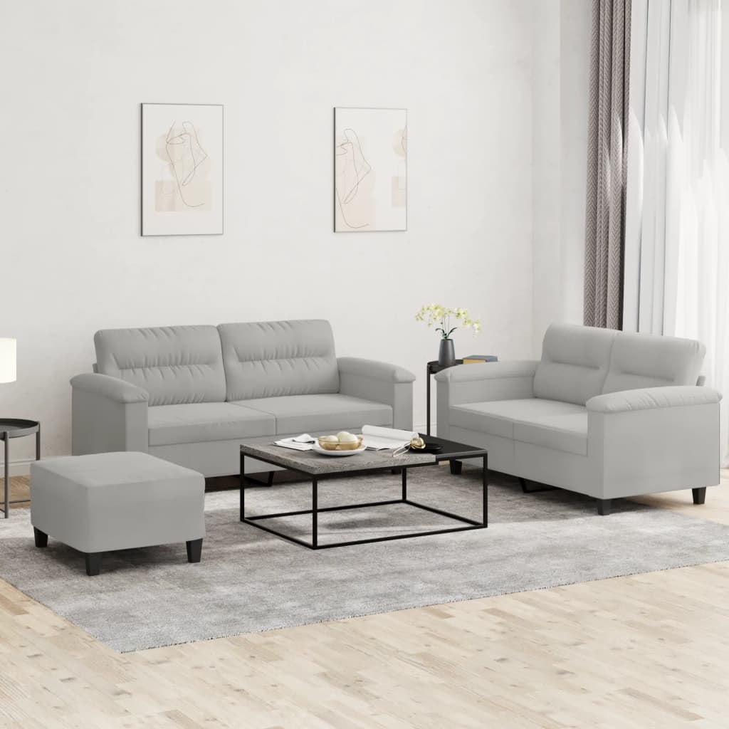3-delige Loungeset met kussens microvezelstof lichtgrijs