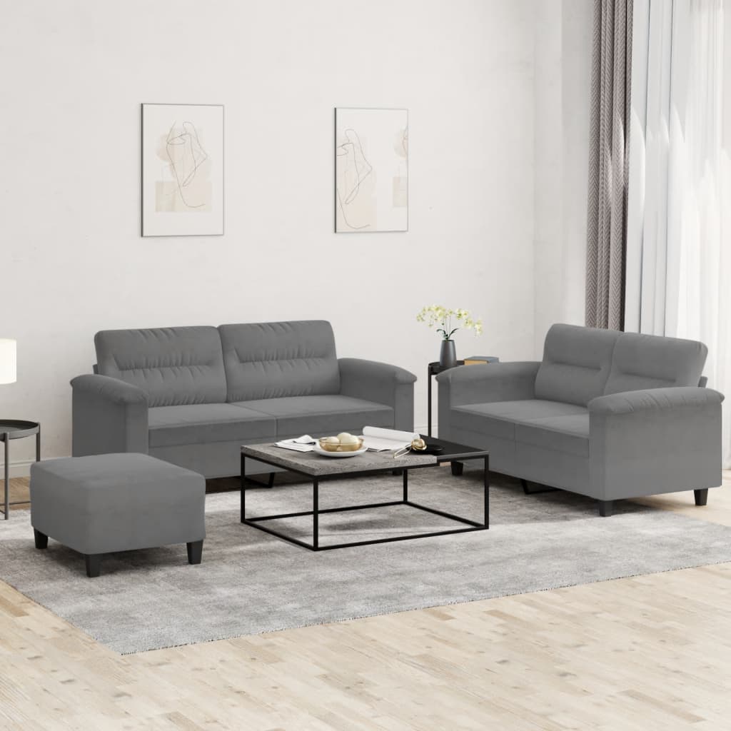 3-delige Loungeset met kussens microvezelstof donkergrijs