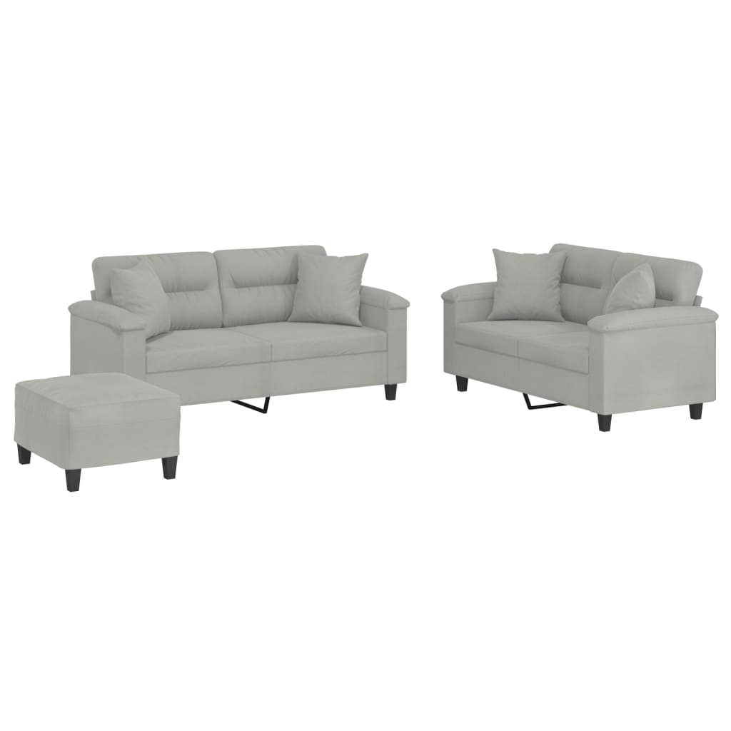 3-delige Loungeset met kussens microvezelstof lichtgrijs