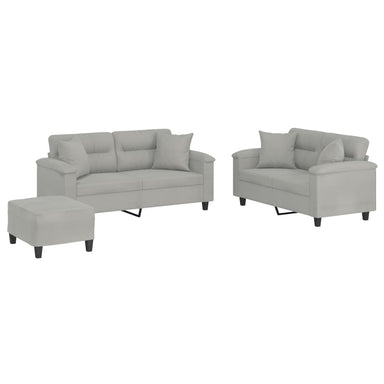 3-delige Loungeset met kussens microvezelstof lichtgrijs