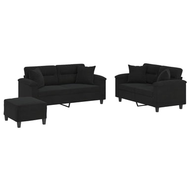 3-delige Loungeset met kussens microvezelstof zwart