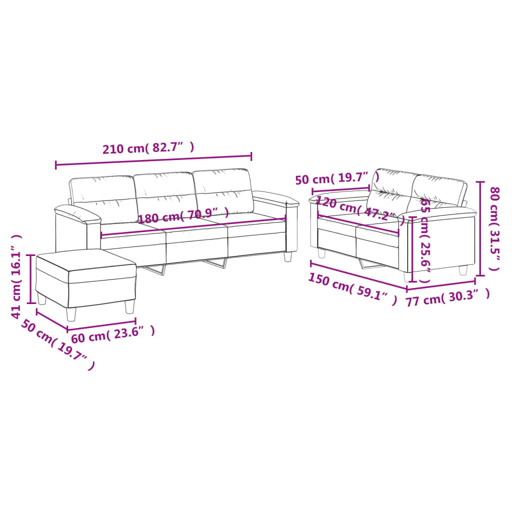 3-delige Loungeset met kussens microvezelstof donkergrijs