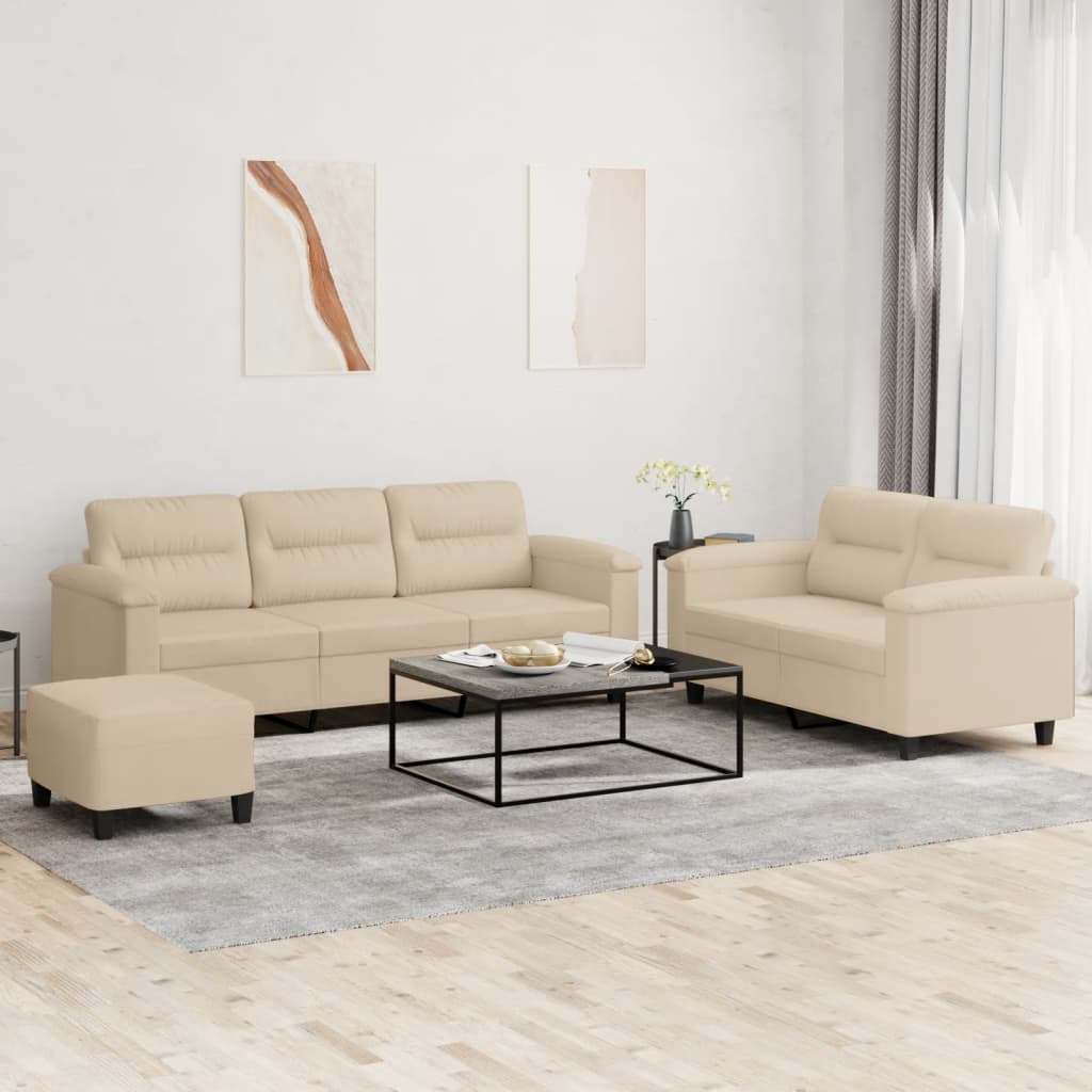 3-delige Loungeset met kussens microvezelstof crèmekleurig