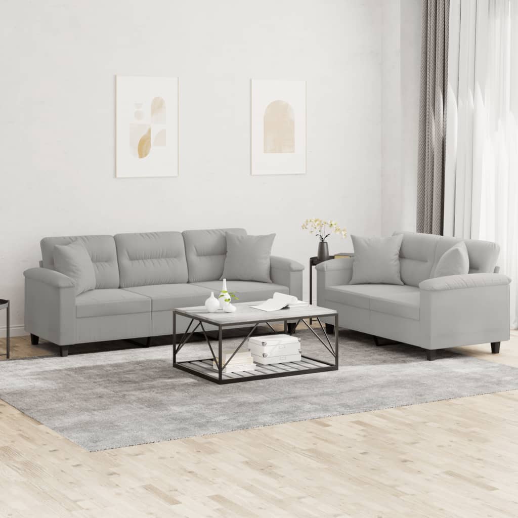 2-delige Loungeset met kussens microvezelstof lichtgrijs