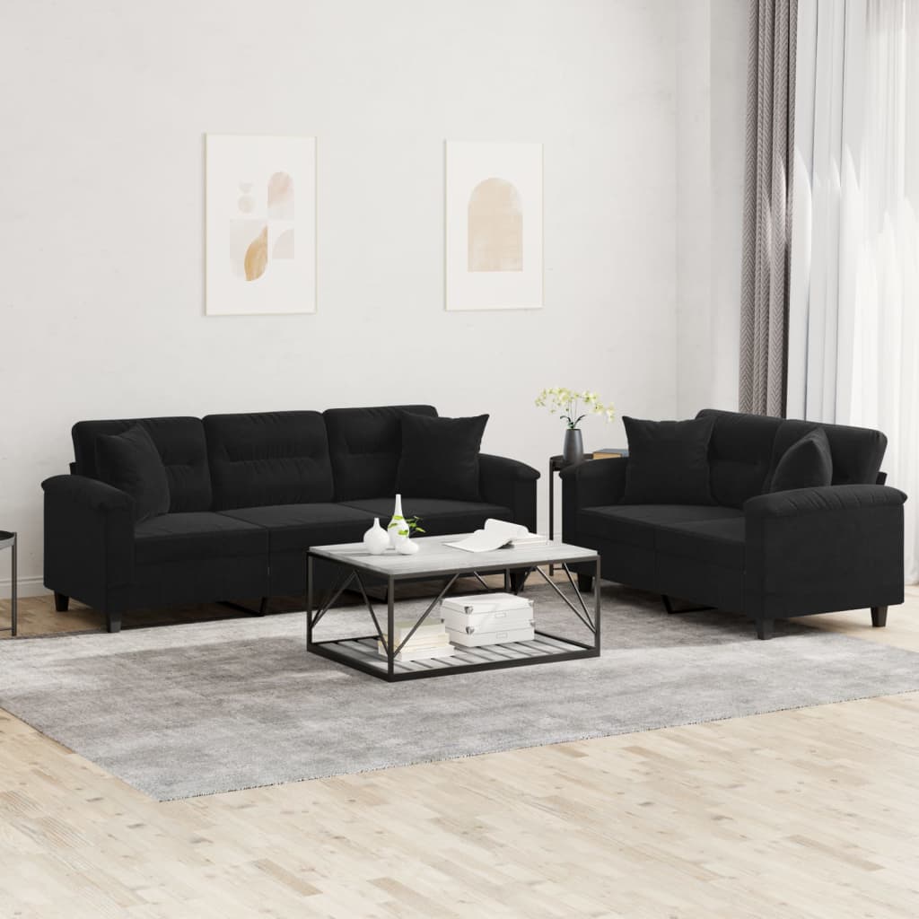 2-delige Loungeset met kussens microvezelstof zwart