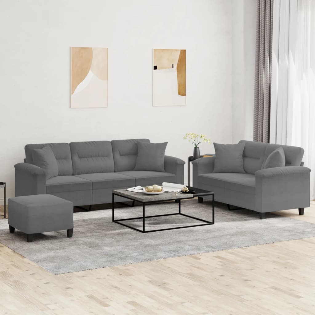 3-delige Loungeset met kussens microvezelstof donkergrijs
