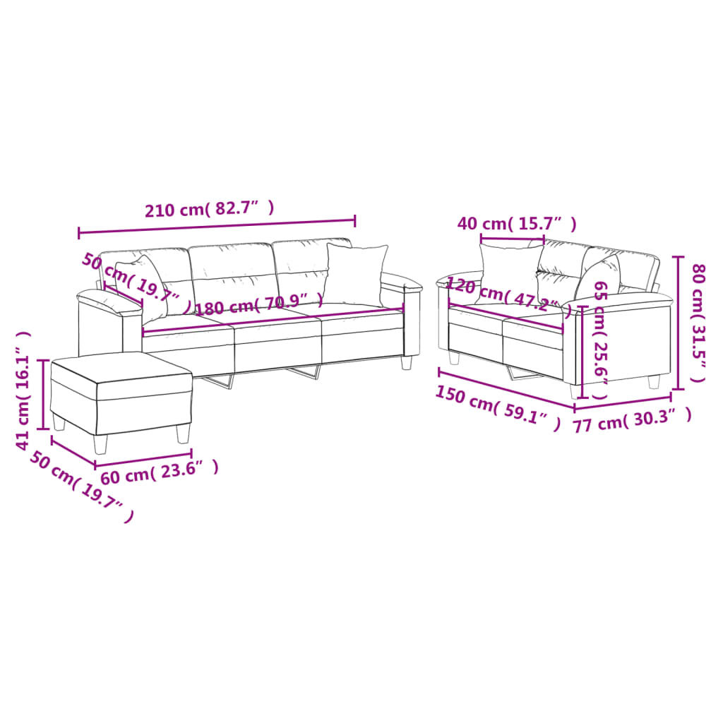 3-delige Loungeset met kussens microvezelstof zwart