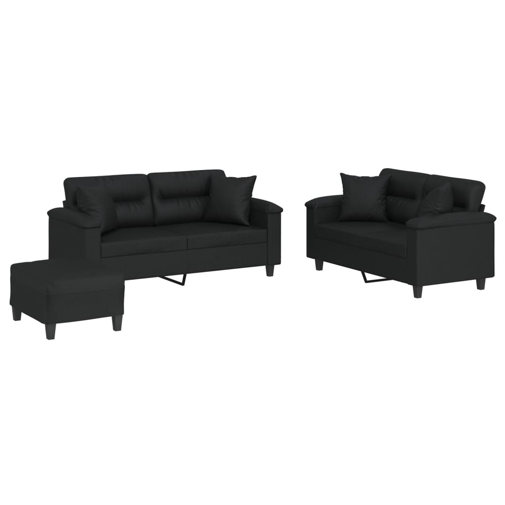 3-delige Loungeset met kussens kunstleer zwart