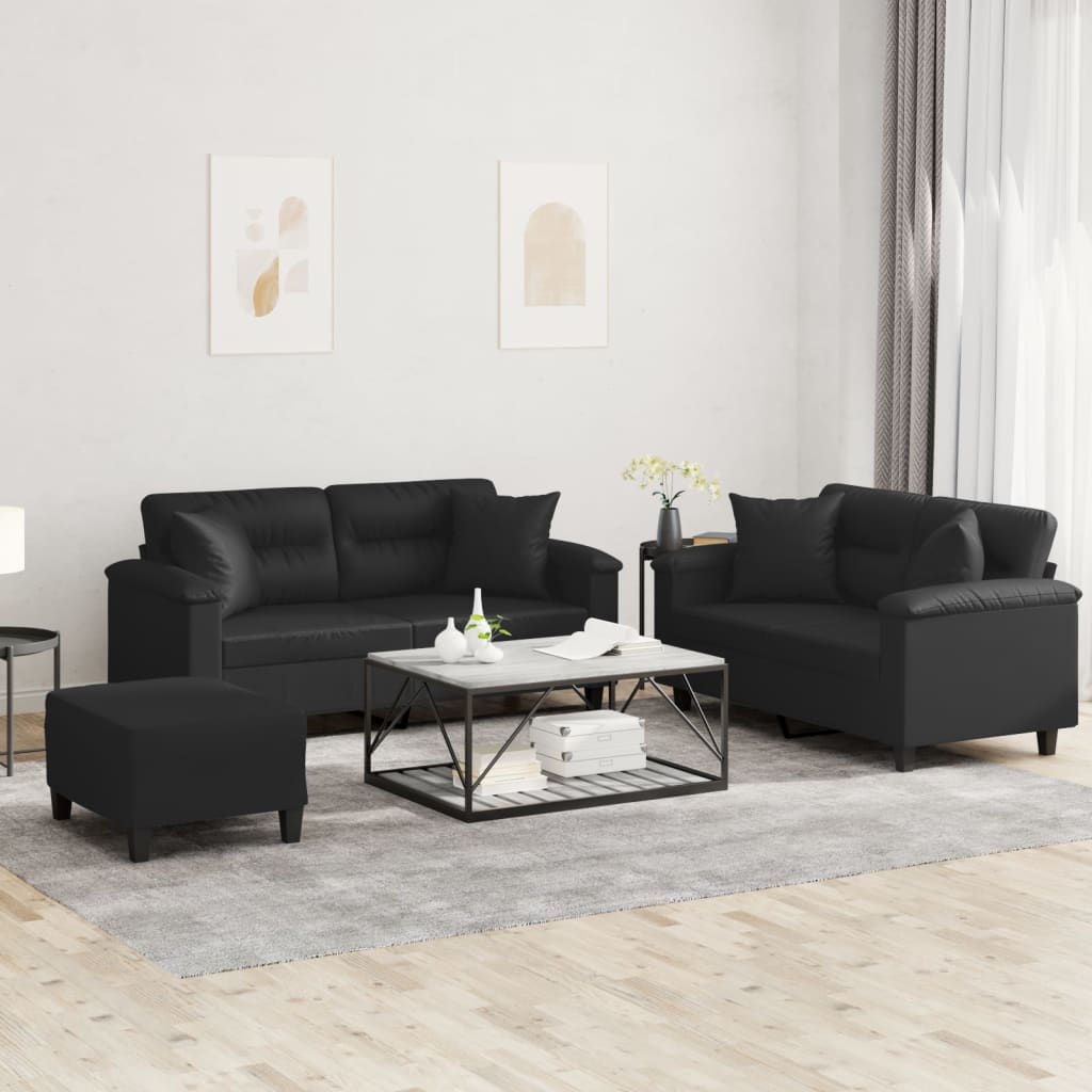 3-delige Loungeset met kussens kunstleer zwart