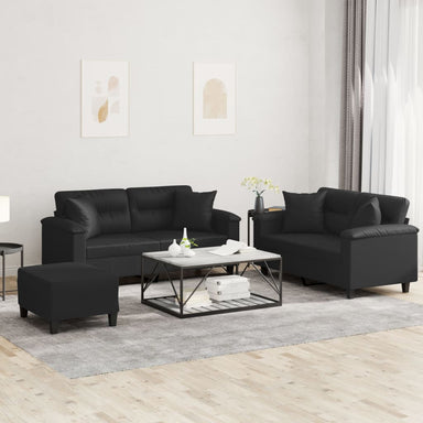 3-delige Loungeset met kussens kunstleer zwart