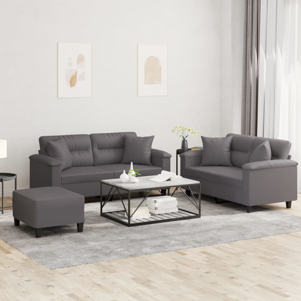 3-delige Loungeset met kussens kunstleer grijs