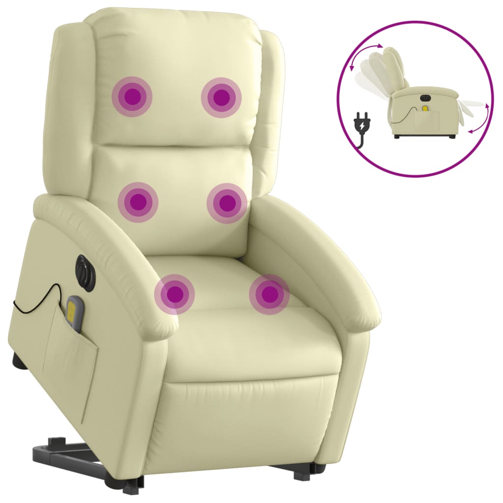 Sta-op-massagestoel elektrisch echt leer crèmekleurig