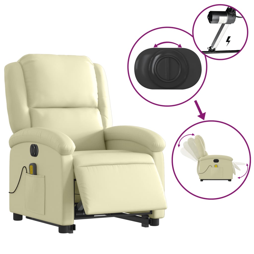 Sta-op-massagestoel elektrisch echt leer crèmekleurig