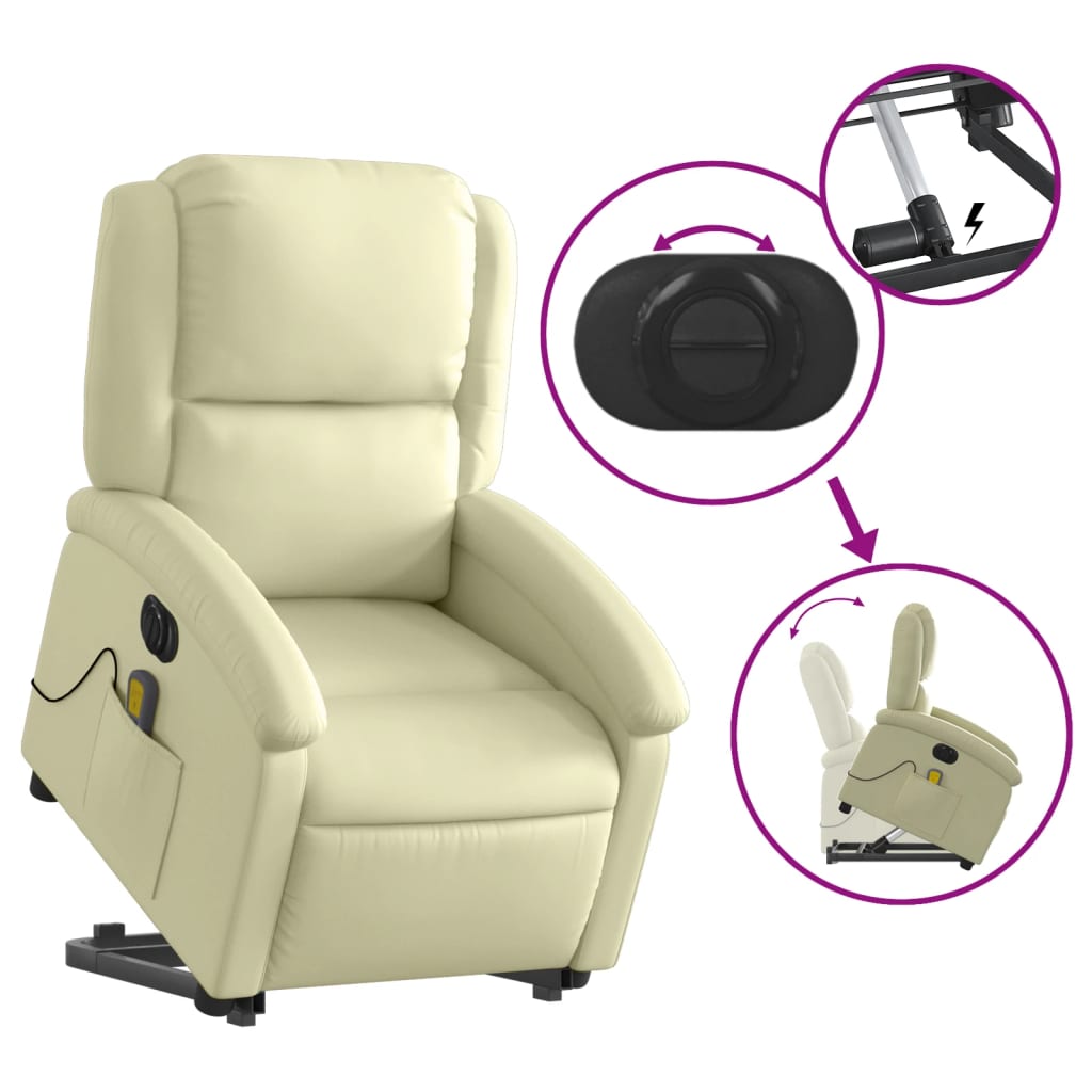 Sta-op-massagestoel elektrisch echt leer crèmekleurig