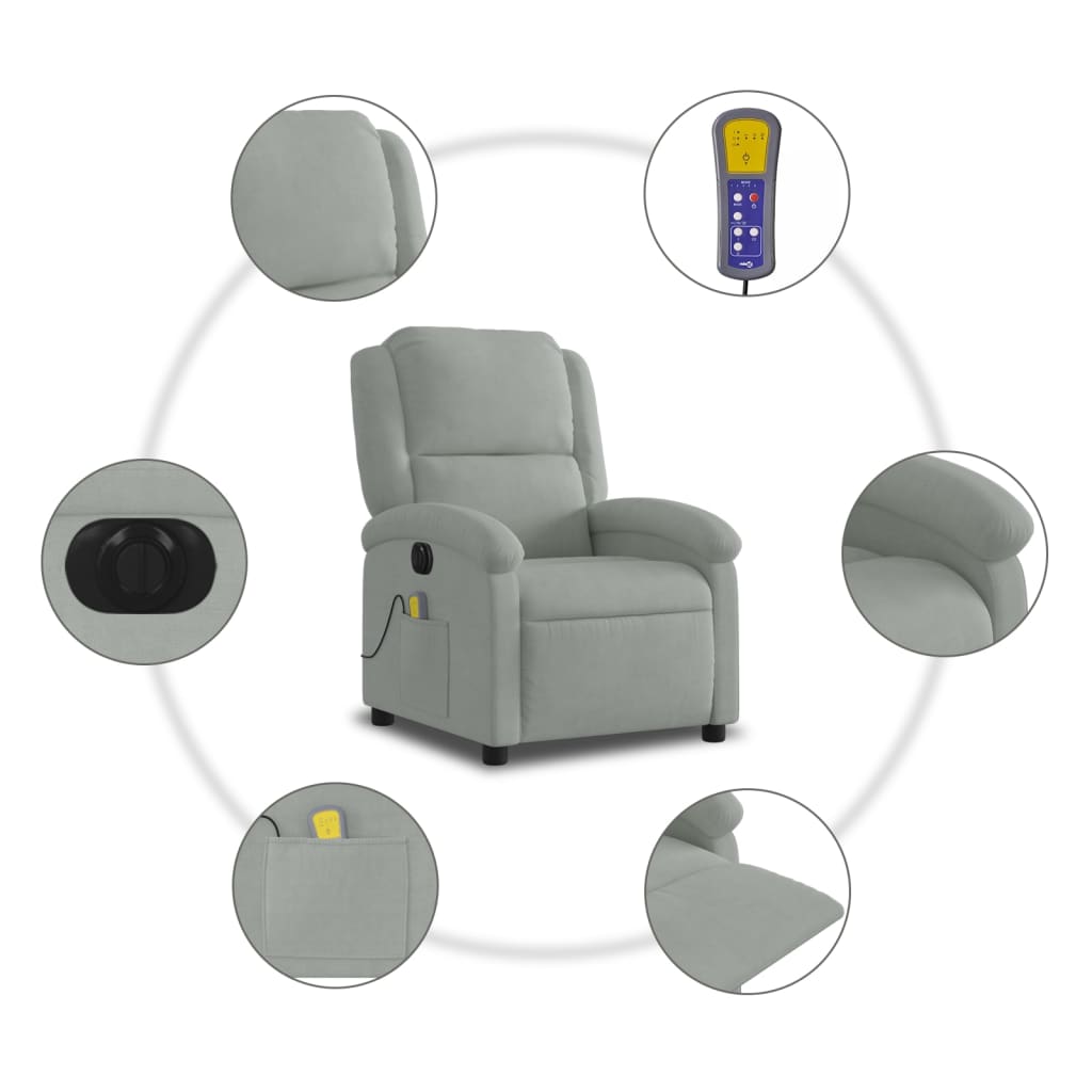 Massagestoel elektrisch verstelbaar fluweel lichtgrijs