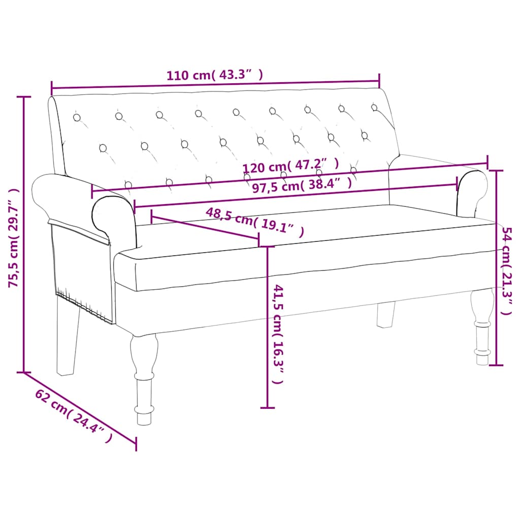 Bank met rugleuning donkergrijs 120x62x75,5 cm stof