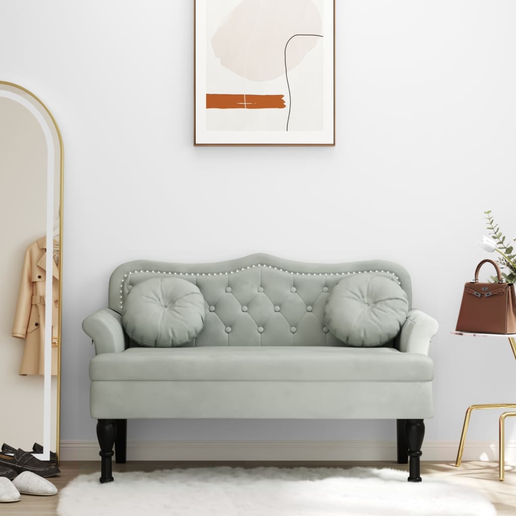 Bank met kussens lichtgrijs 120,5x65x75 cm fluweel
