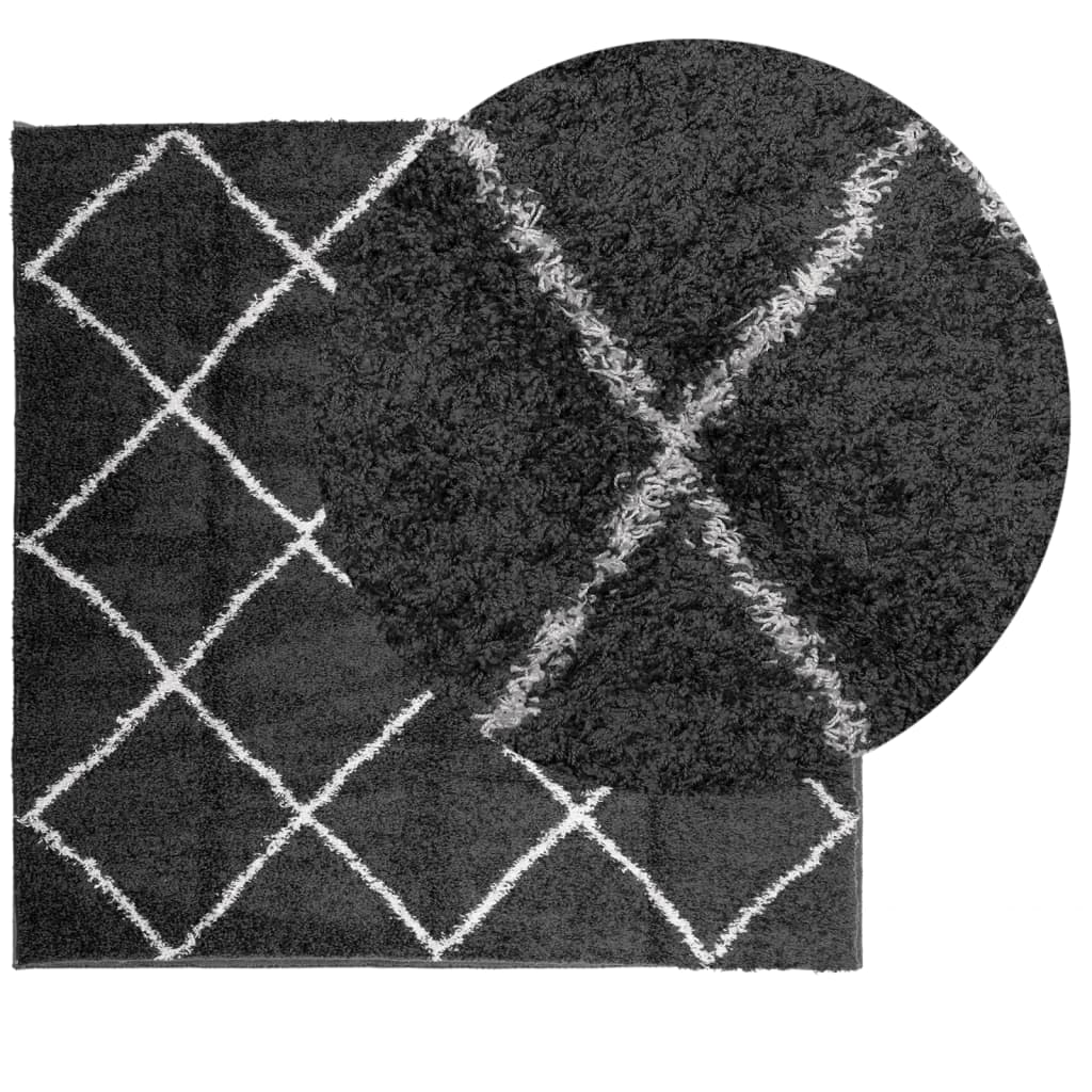 Vloerkleed PAMPLONA shaggy hoogpolig 120x120 cm zwart en crème