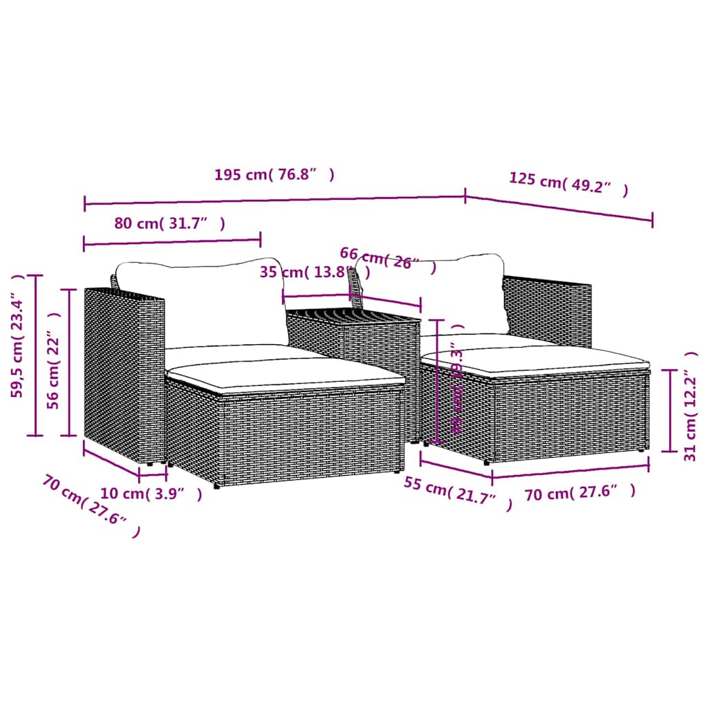 5-delige Loungeset met kussens poly rattan acacia zwart