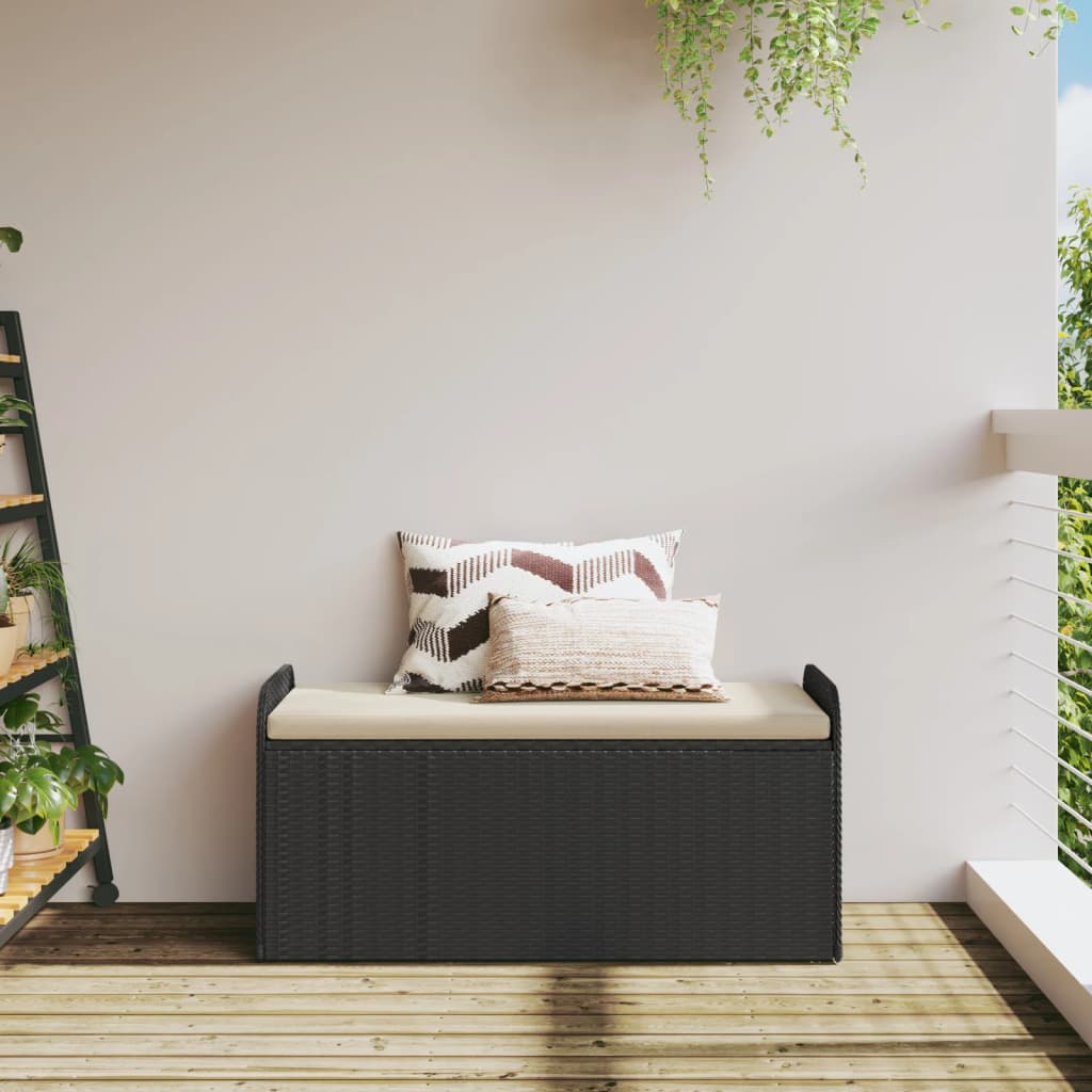 Opbergbankje met kussen 115x51x52 cm poly rattan zwart
