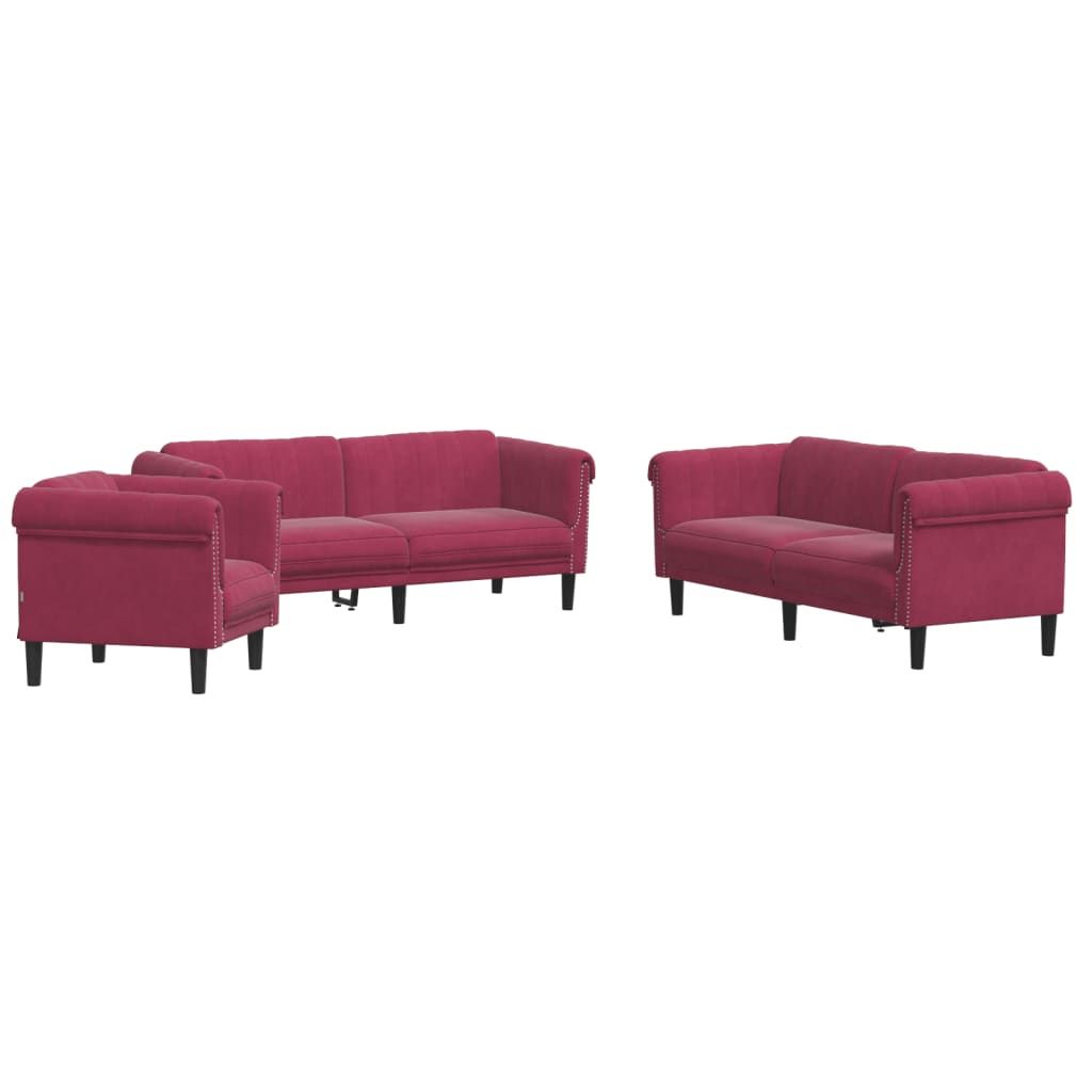 3-delige Loungeset fluweel wijnrood
