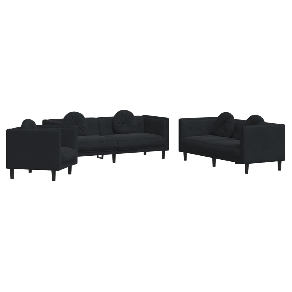 3-delige Loungeset met kussens fluweel zwart