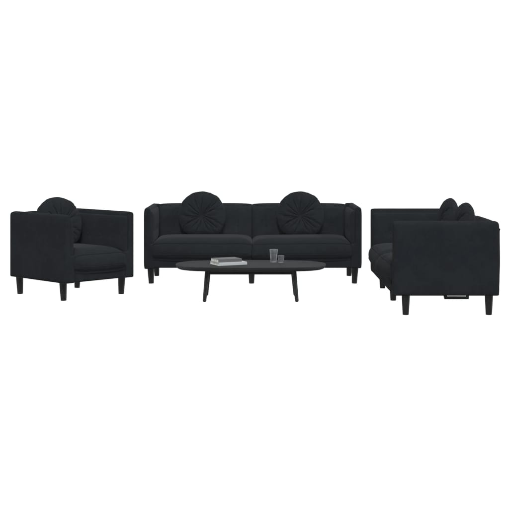3-delige Loungeset met kussens fluweel zwart