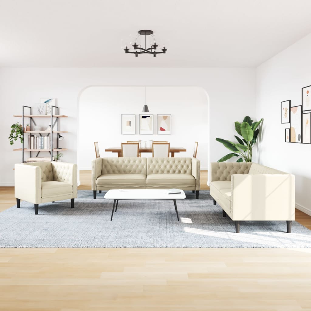 3-Delige Loungeset Chesterfield-Stijl Kunstleer Kleurig Crème