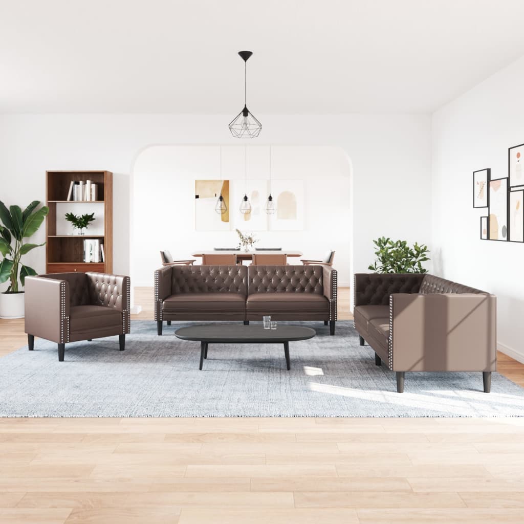 3-delige Loungeset Chesterfield-stijl kunstleer bruin