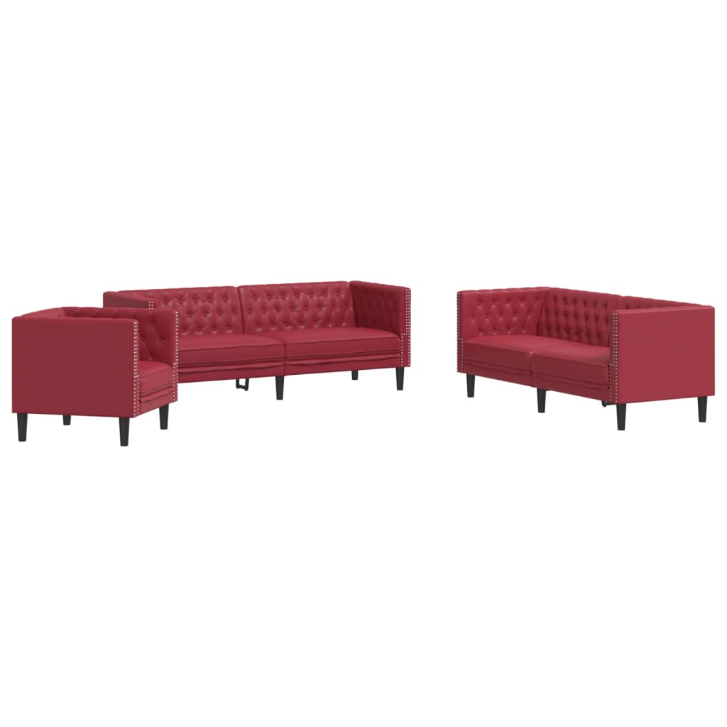 3-Delige Loungeset Chesterfield-Stijl Kunstleer Wijnrood