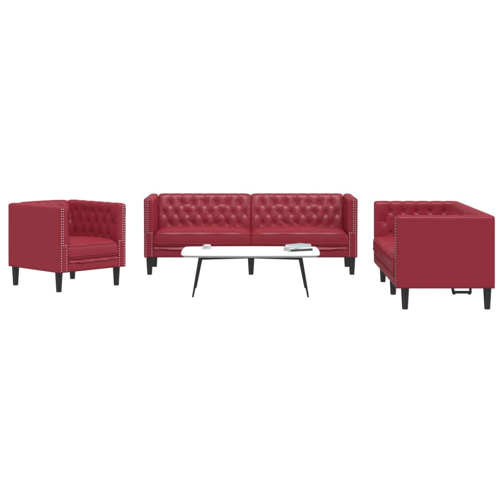 3-Delige Loungeset Chesterfield-Stijl Kunstleer Wijnrood