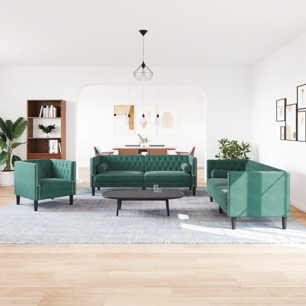 3-delige Loungeset Chesterfield en bolsters fluweel donkergroen