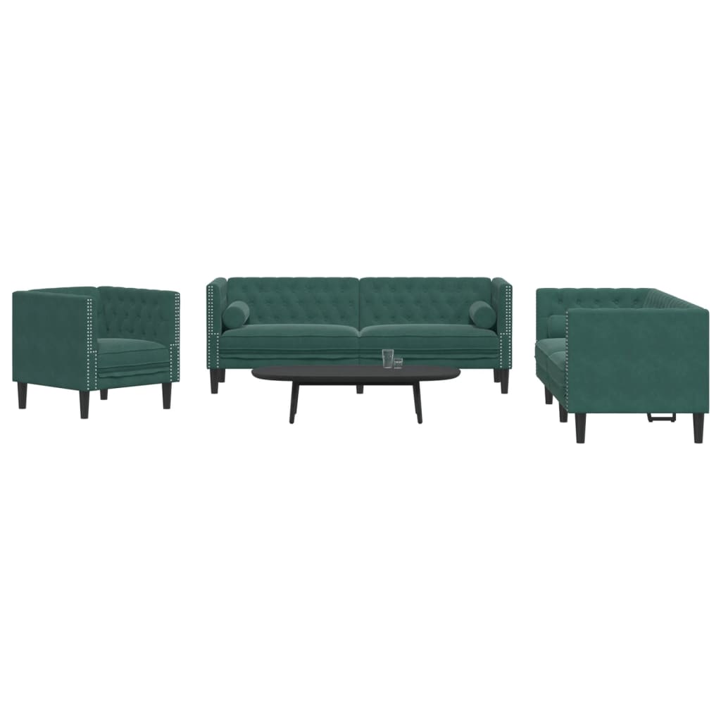 3-delige Loungeset Chesterfield en bolsters fluweel donkergroen