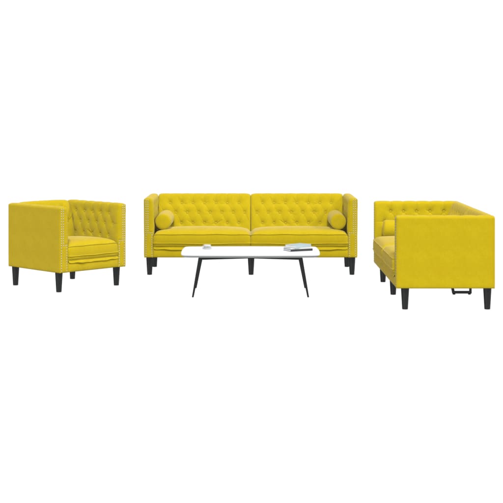 3-delige Loungeset Chesterfield met bolsters fluweel geel