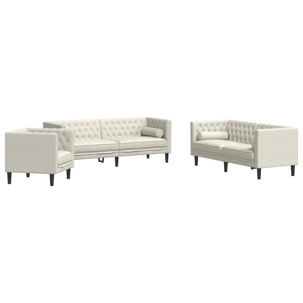 3-delige Loungeset Chesterfield met bolsters fluweel crèmekleur