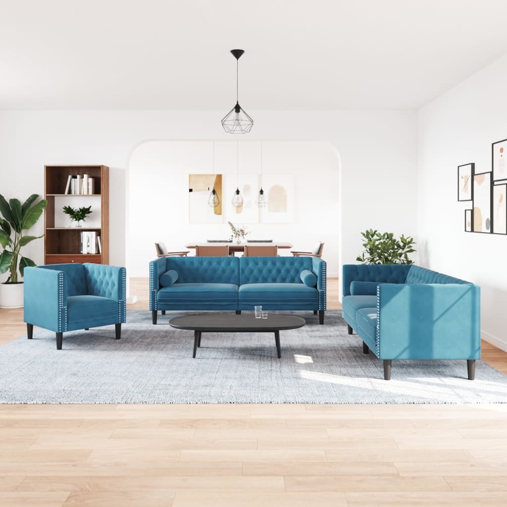 3-delige Loungeset Chesterfield met bolsters fluweel blauw