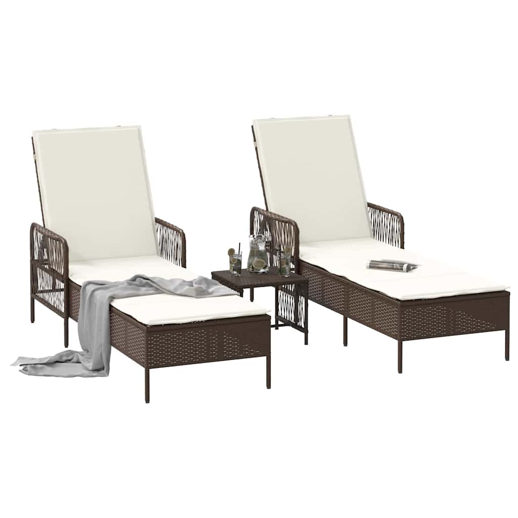 Ligstoel 3 st poly rattan Bruin en Crème Wit