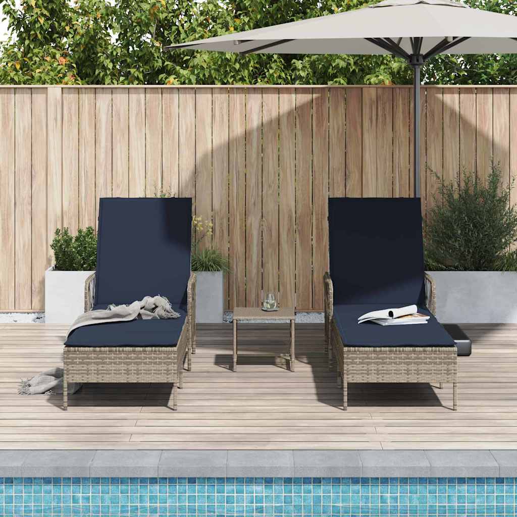 Ligstoel 3 st poly rattan Grijs en Marineblauw